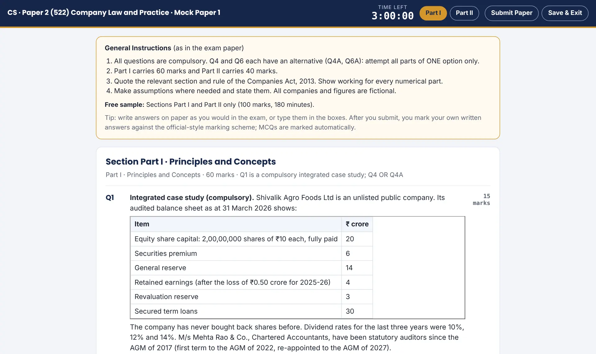 Exam-pattern paper with a marking scheme: sample screen