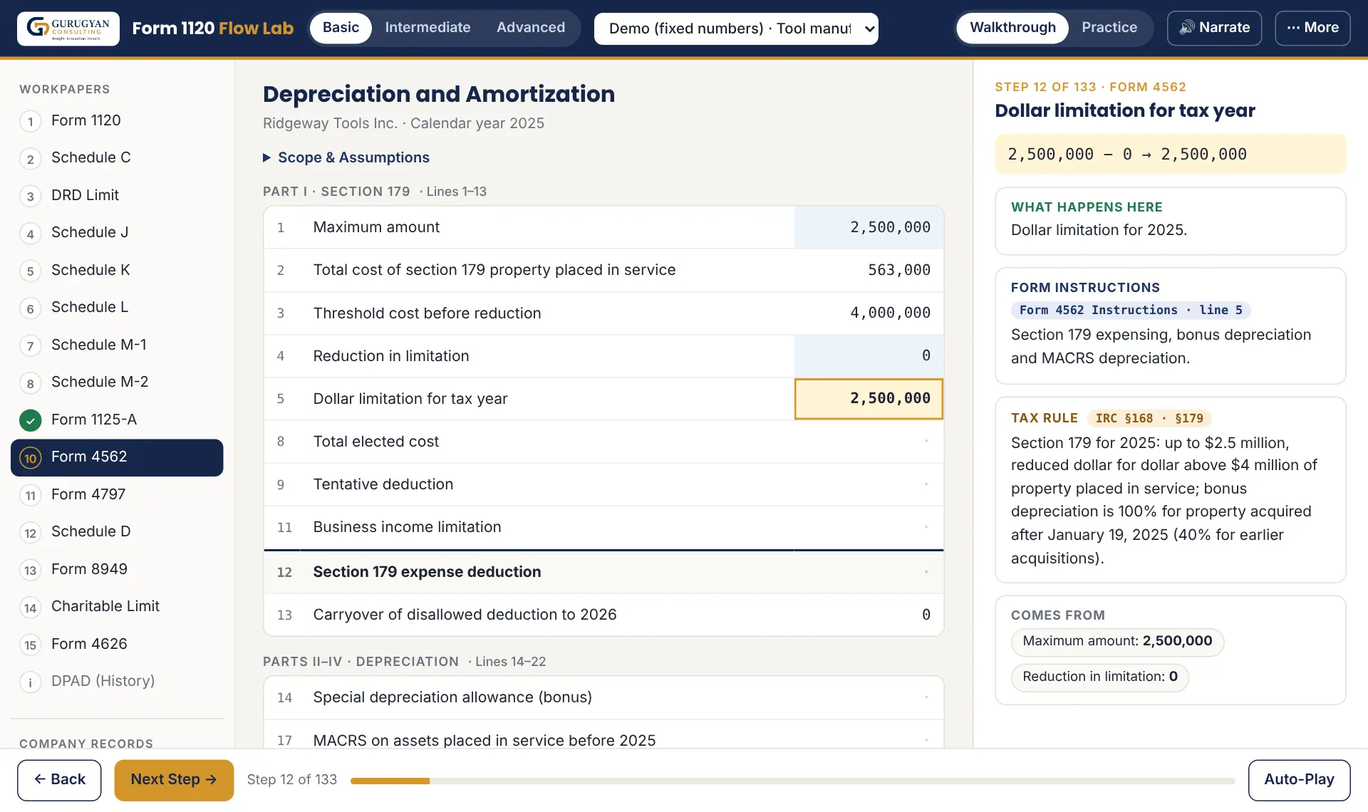 Form 1120 with the rule panel: sample screen