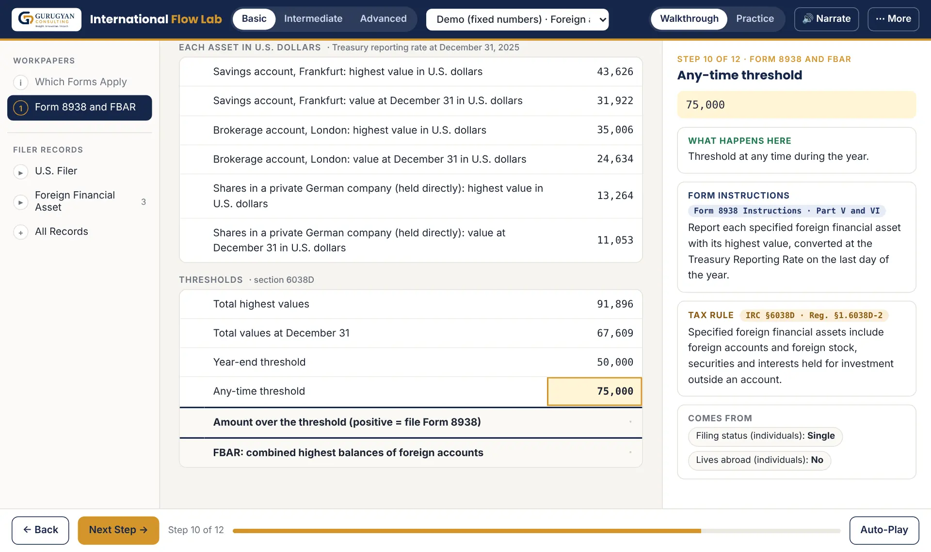 International forms: sample screen